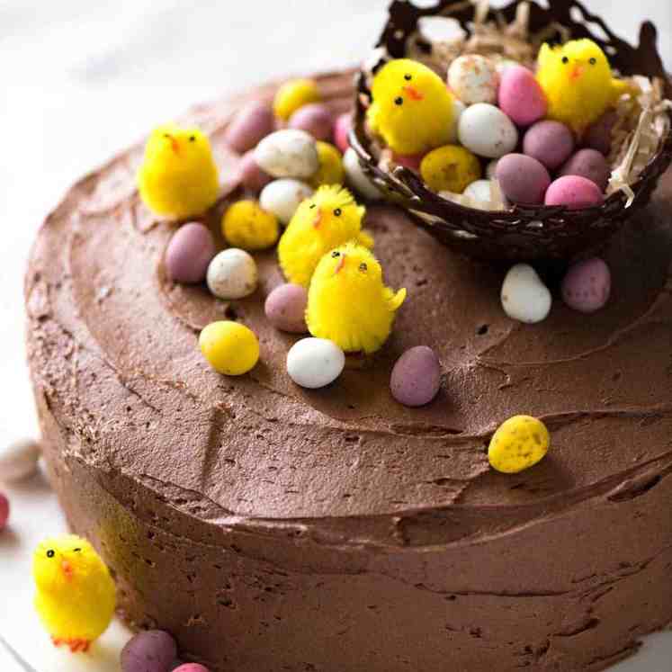 奶油糖霜巧克力蛋糕，上面装饰着小斑点的复活节彩蛋和毛茸茸的黄色小鸡。